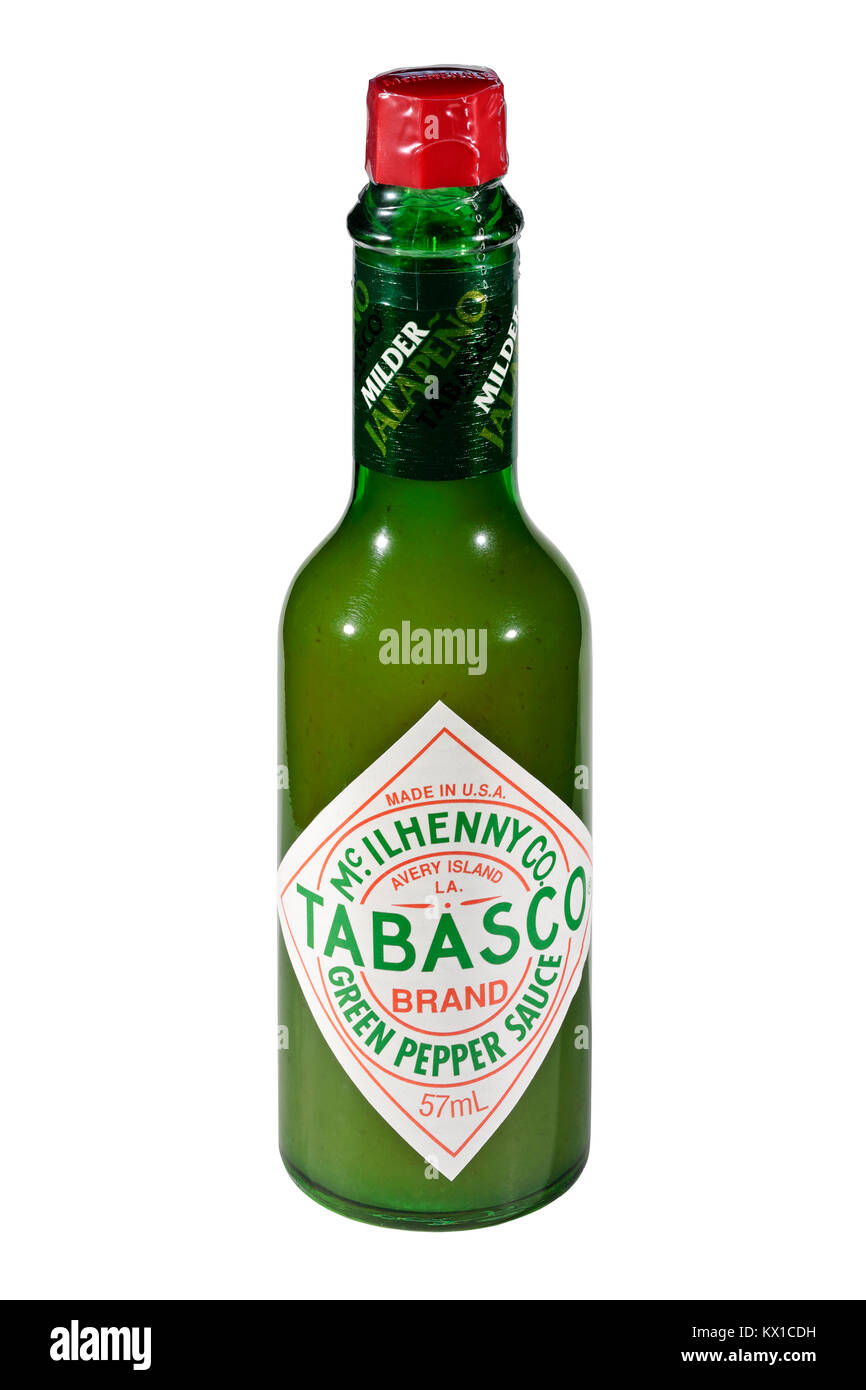 Una bottiglia di Tabasco salsa al pepe verde isolato su uno sfondo bianco  Foto stock - Alamy