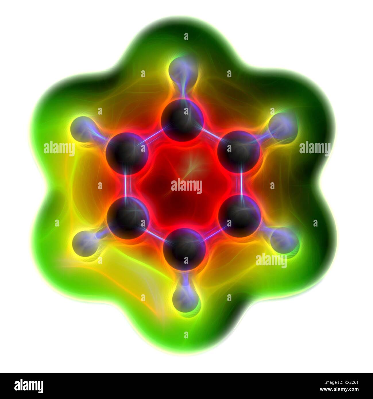 Computer illustrazione di un benzene idrocarburo aromatico molecola. Importante nella petrolchimica, componente della benzina. Gli atomi sono rappresentati come sfere con i tradizionali colori: idrogeno (bianco), carbonio (grigio). Mostrate al di sotto della molecola è una parte della molecola del potenziale elettrostatico mappa. Foto Stock