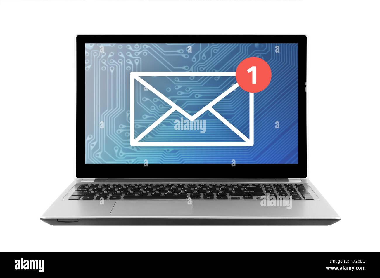 Nuovo messaggio di posta elettronica grafica sul computer portatile isolato su sfondo bianco con tracciato di ritaglio Foto Stock