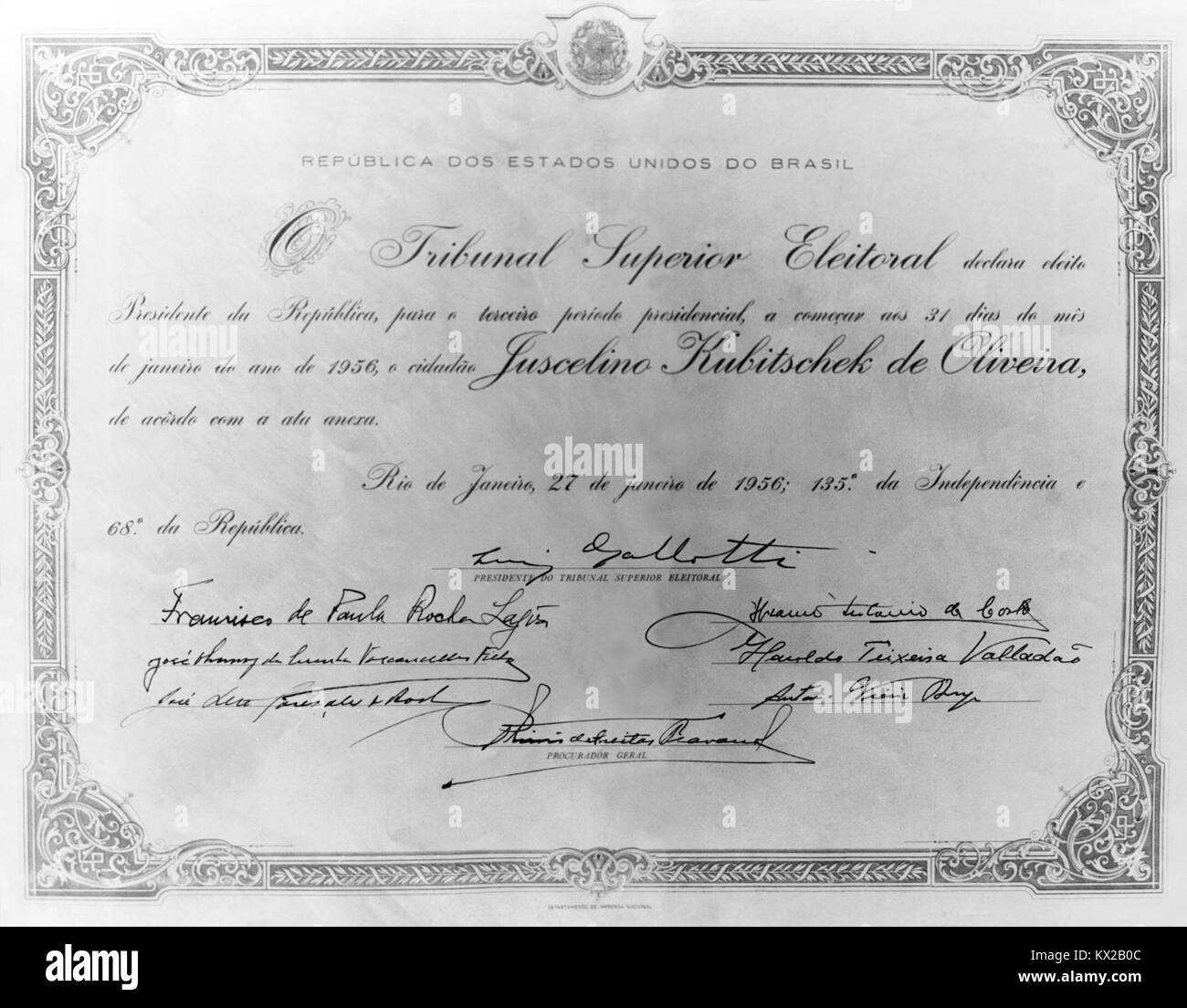 Diploma de Presidente da República de Juscelino Kubitschek Foto Stock