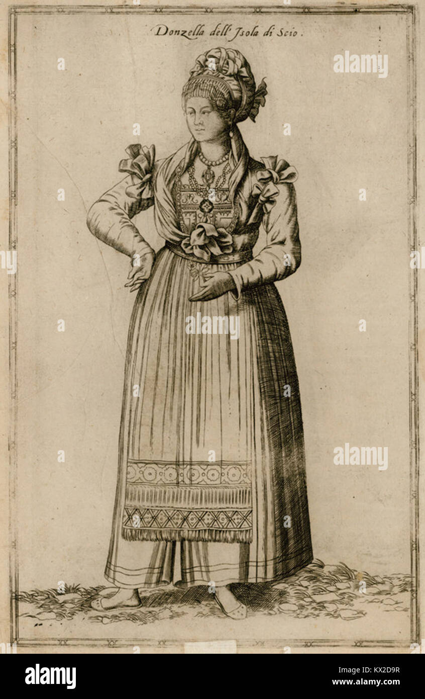 Un dipinto del 1580 di Nicolas de Nicolay ritrae una donna di Chios, illustrando l'abbigliamento, lo stile e gli aspetti culturali dell'isola durante il periodo rinascimentale. Foto Stock