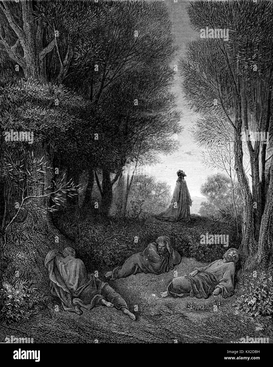 Questa opera raffigura Gesù che prega nel giardino, illustrando una significativa scena biblica del nuovo Testamento. La scena è centrale per l'iconografia cristiana e l'arte religiosa. Foto Stock