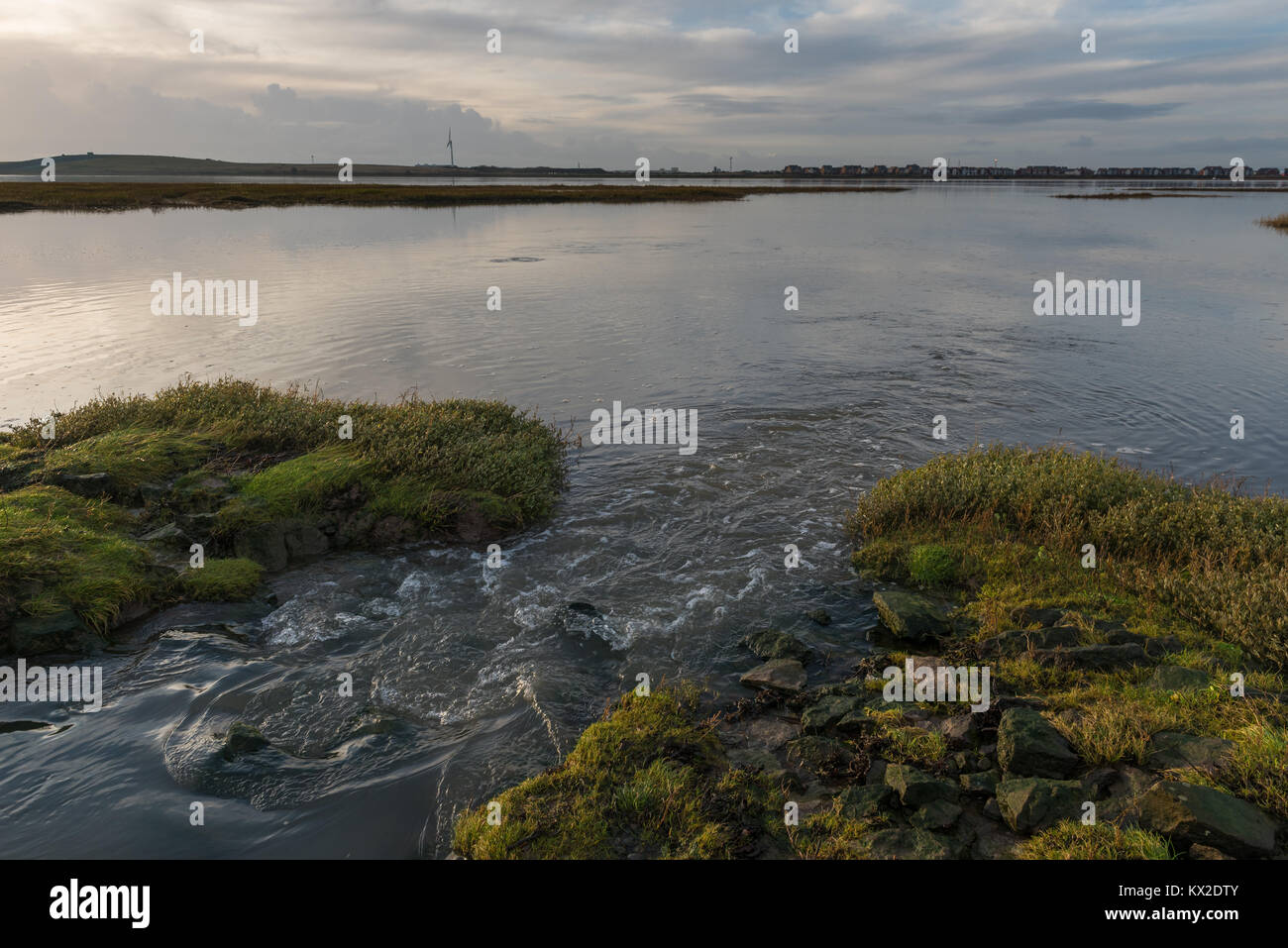 Diga di marea che confluiscono nel fiume Wyre Estuary Foto Stock