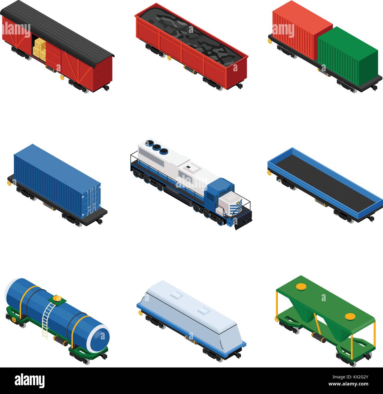 Treni set isometrica dei treni merci costituito da locomotive, piattaforme per il trasporto di contenitori, carri coperti, cisterne e vagoni ferroviari Illustrazione Vettoriale