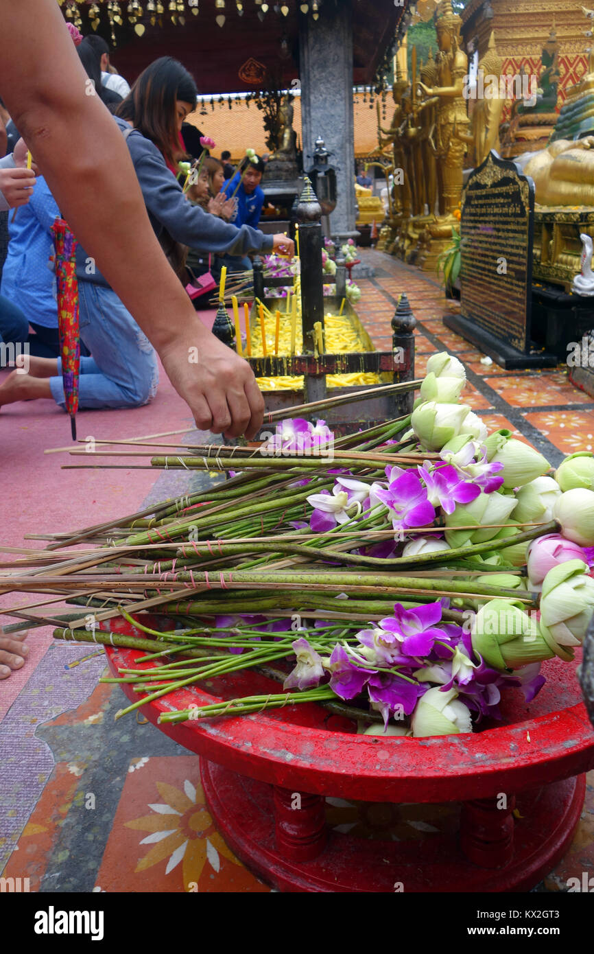 Persone in preghiera e lasciando i fiori, Wat Doi Suthep, Chiang Mai, Thailandia. N. PR o MR Foto Stock