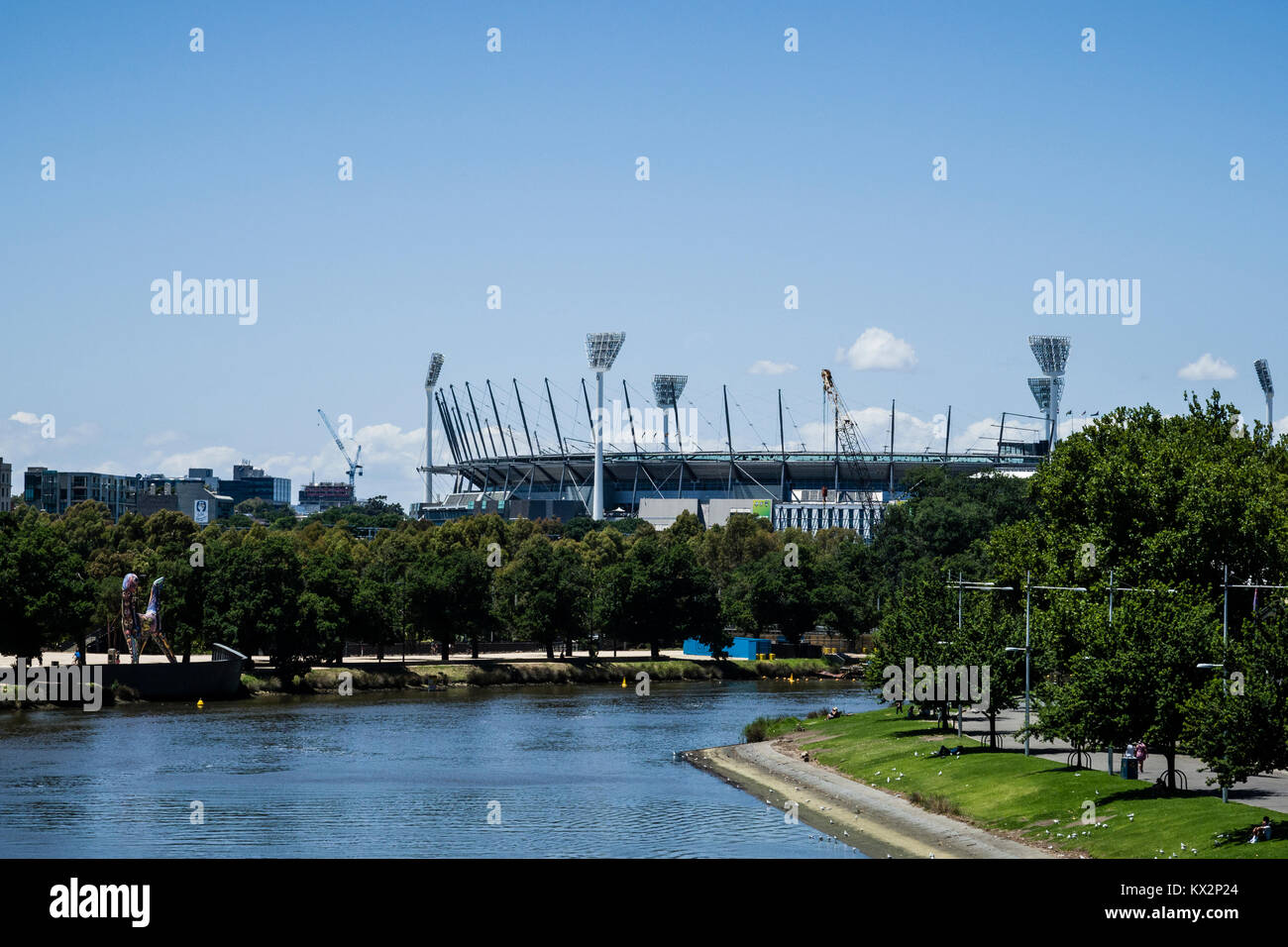 Il fiume Yarra e il Melbourne Cricket Ground (MCG), Melbourne, Victoria, Australia. Il Melbourne Cricket Ground (MCG), noto anche come "l'G', è Foto Stock