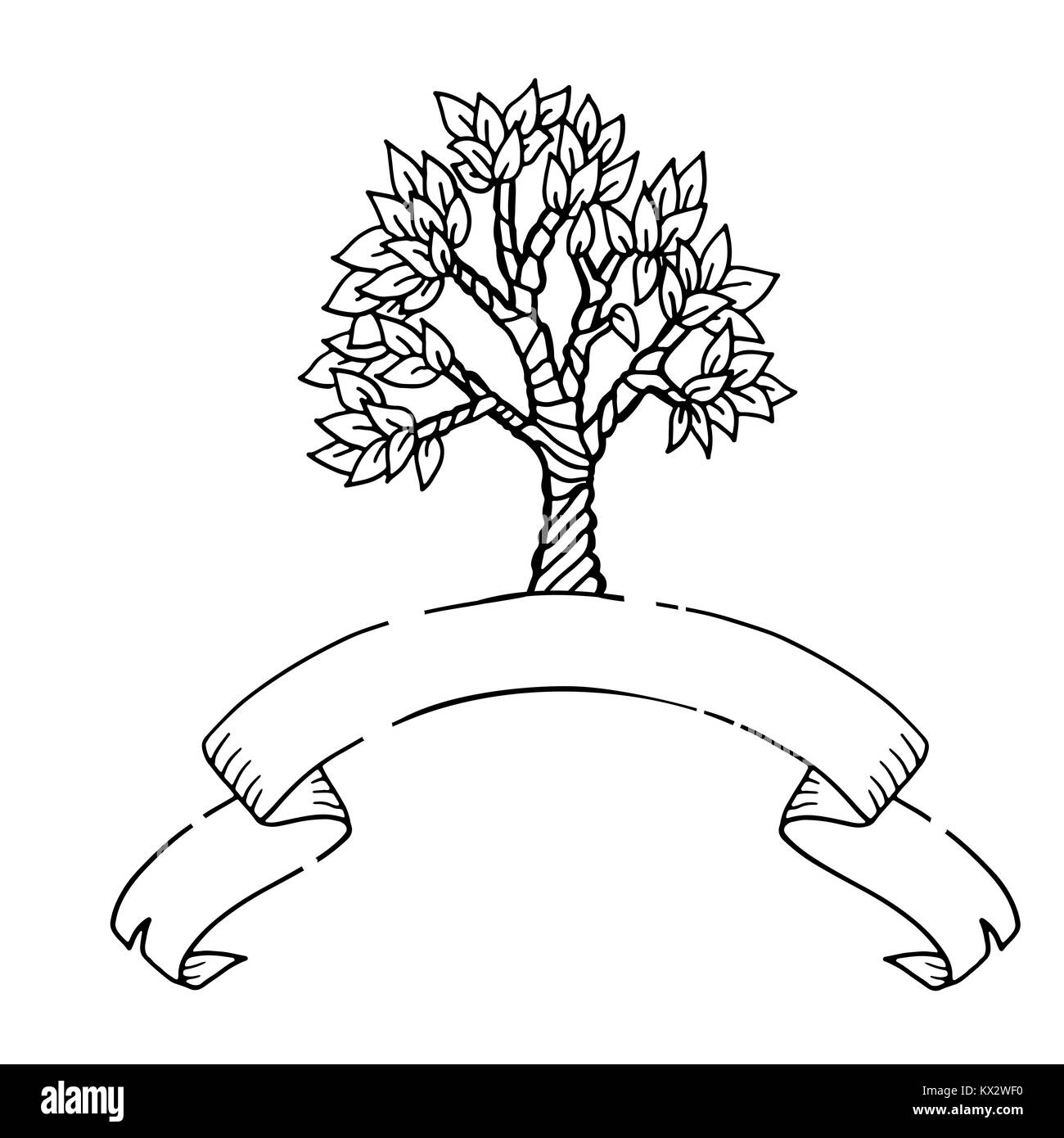 Disegnata a mano scetch tree con nastro banner. Modello Zentagle illustrazione vettoriale. Illustrazione Vettoriale