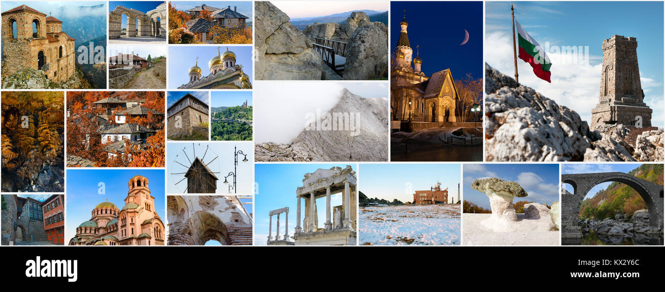 Collage di punti di riferimento bulgara, luoghi iconici e popolari destinazioni di viaggio, il rapporto di aspetto per il social network foto di copertina Foto Stock