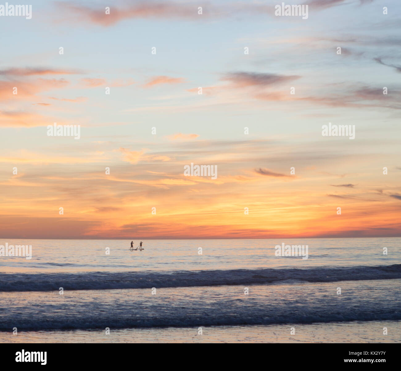 Due persone in stand up paddle boards nel mezzo dell'oceano al tramonto. Foto Stock