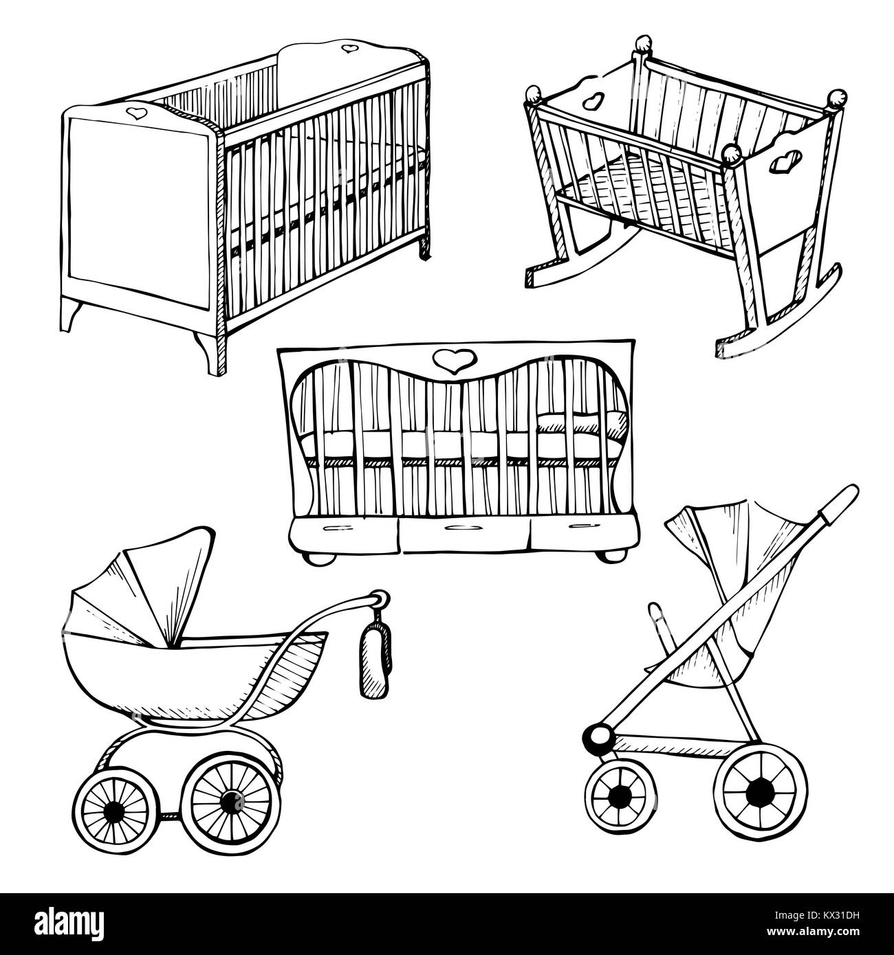Impostare la mobilia dei bambini. Illustrazione Vettoriale. Schizzo diversa per bambino le culle e i passeggini Illustrazione Vettoriale