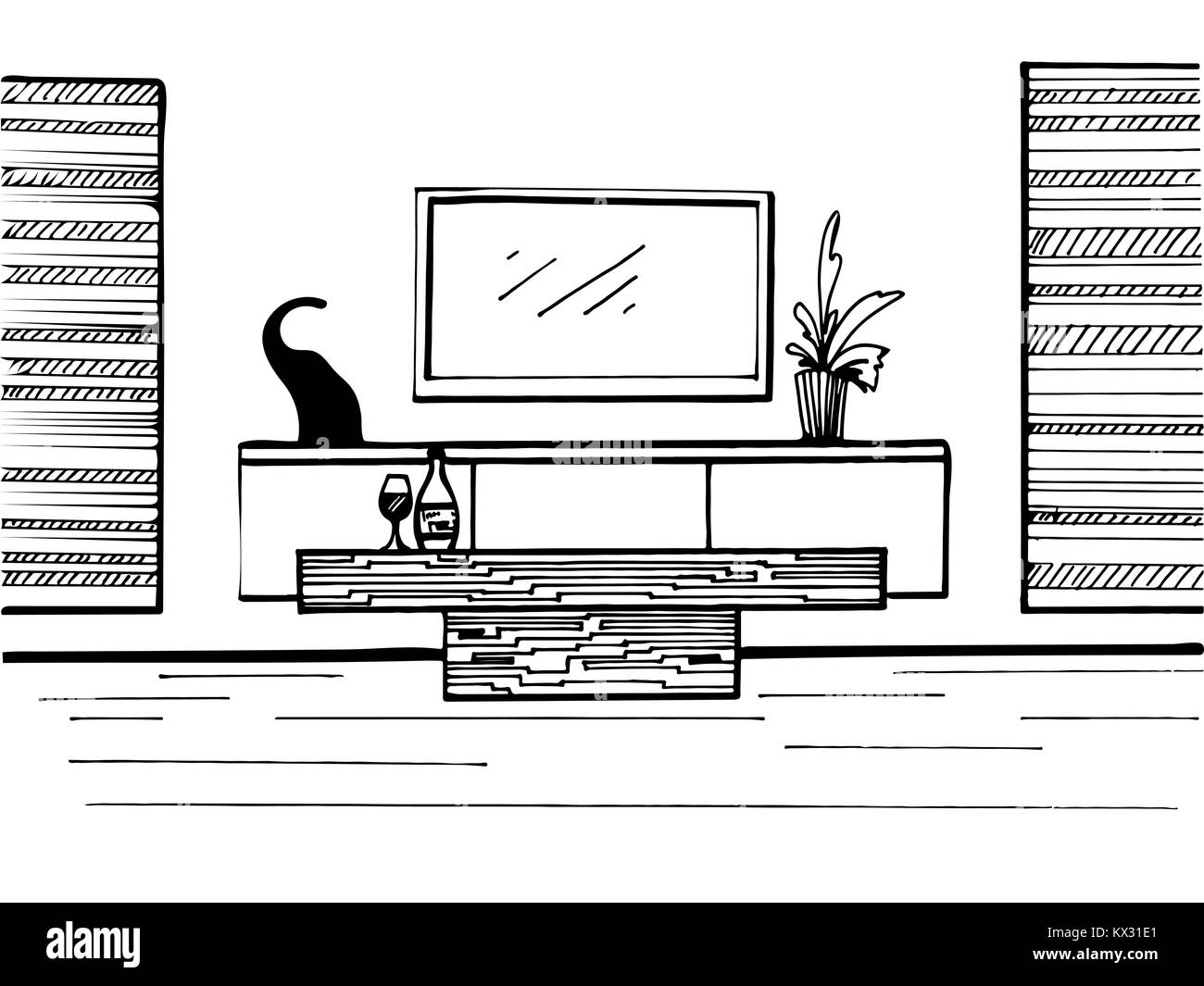 Mano bozzetto. Disegno lineare dell'interno. TV, TV, tavolo e decor. Illustrazione Vettoriale. Illustrazione Vettoriale