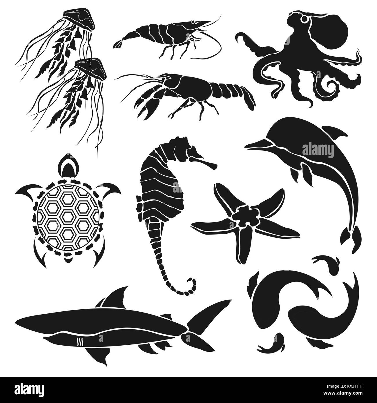 Silhouette nera di varie creature del mare. Gamberetti, cancro, meduse, cavallucci marini e pesci e altre creature isolati su sfondo bianco. Illustr vettore Illustrazione Vettoriale