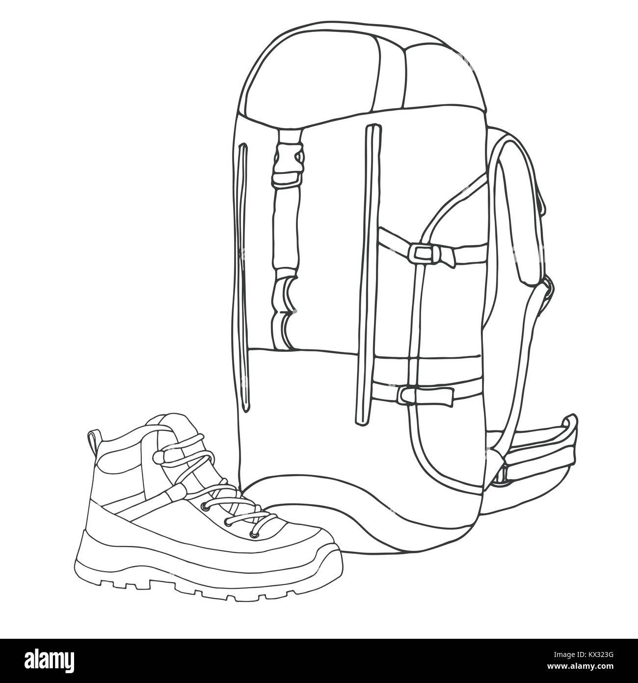 Zaino turistico, boot. Attrezzature per il trekking. Disegnata a mano  illustrazione vettoriale di un disegno stile Immagine e Vettoriale - Alamy