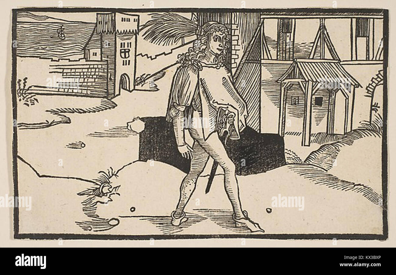 Un disegno di Albrecht Dürer raffigurante una scena della commedia romana "eunuchi" di Terence, che illustra temi classici e rappresentazioni teatrali nell'arte rinascimentale. Foto Stock