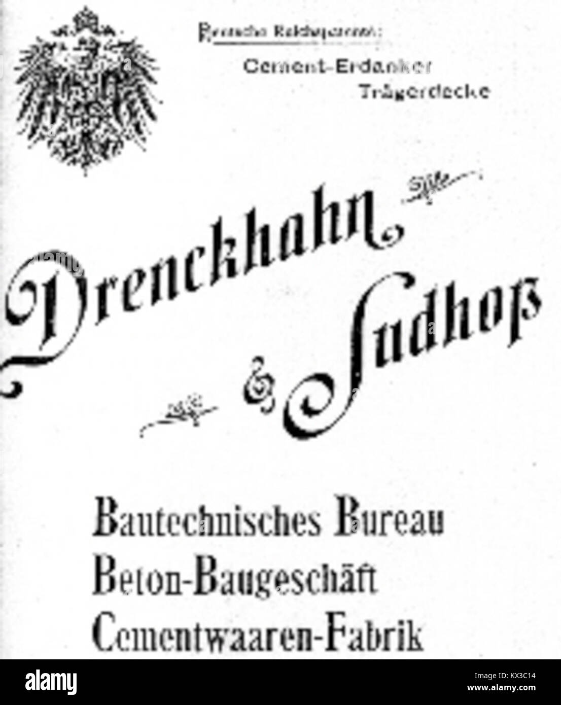 Prospetto storico di Drenckhahn Sudhop, una società di costruzioni, che mette in evidenza i servizi architettonici, i progetti di costruzione e le competenze ingegneristiche. Foto Stock