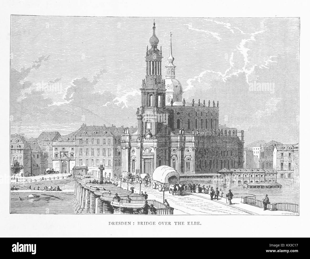 Fotografia del Ponte di Augusto e della Schlossplatz a Dresda, Germania, che mostra l'architettura urbana e l'attraversamento del fiume nel 1880 Foto Stock