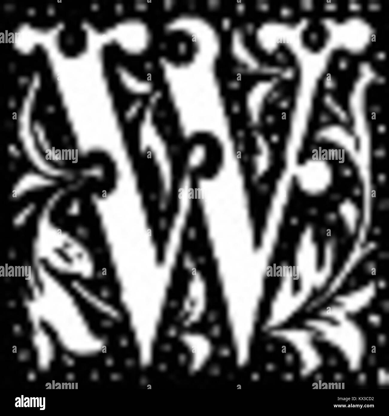 Questo disegno tipografico presenta una lettera iniziale decorativa "W", comunemente utilizzata all'inizio dei testi o dei paragrafi per migliorare l'estetica visiva dei manoscritti e delle opere stampate. Foto Stock