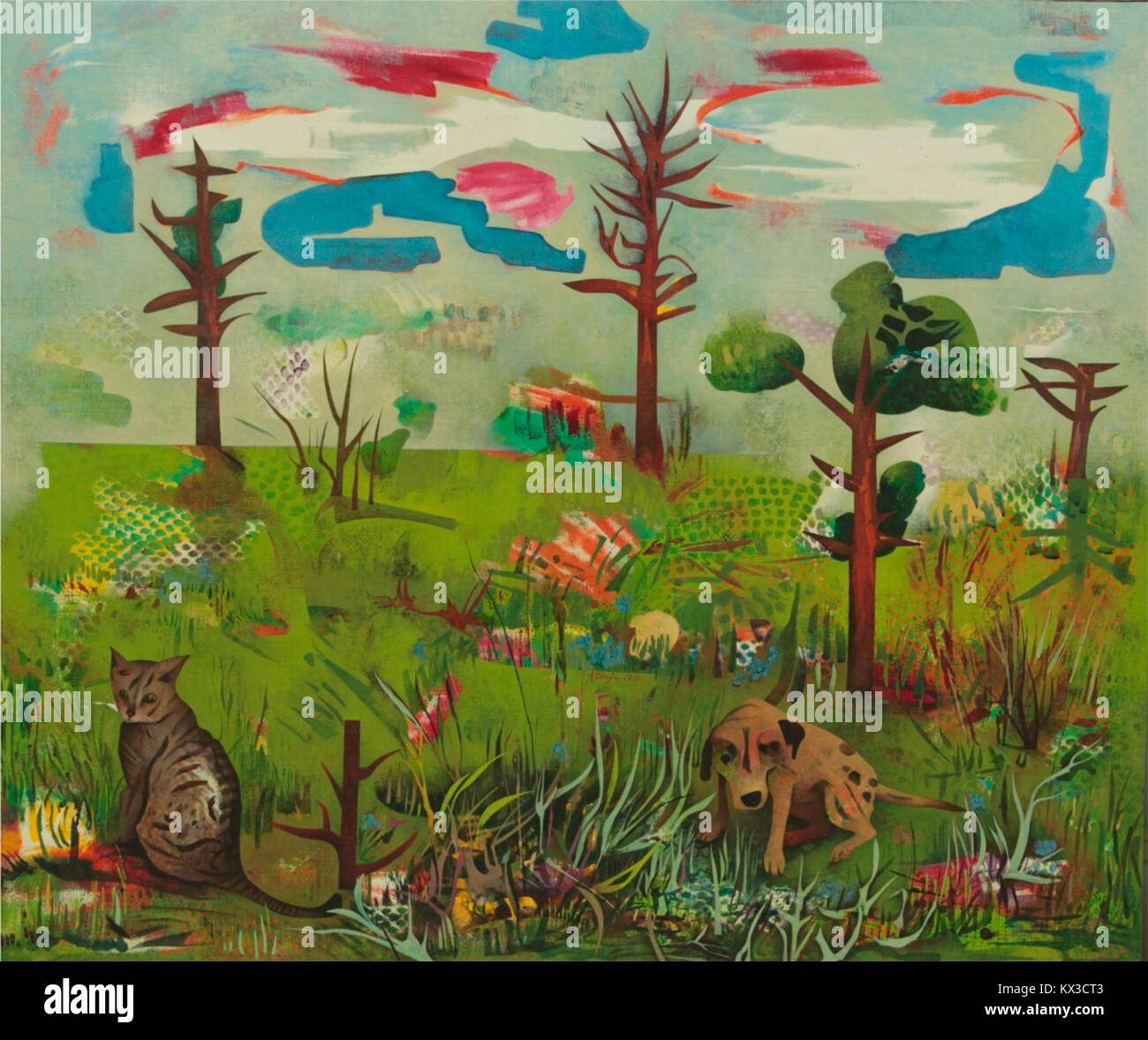 Questa opera d'arte raffigura alberi che muoiono mentre sono in piedi, catturando il processo naturale della mortalità degli alberi e del cambiamento ecologico all'interno degli ambienti forestali. Foto Stock