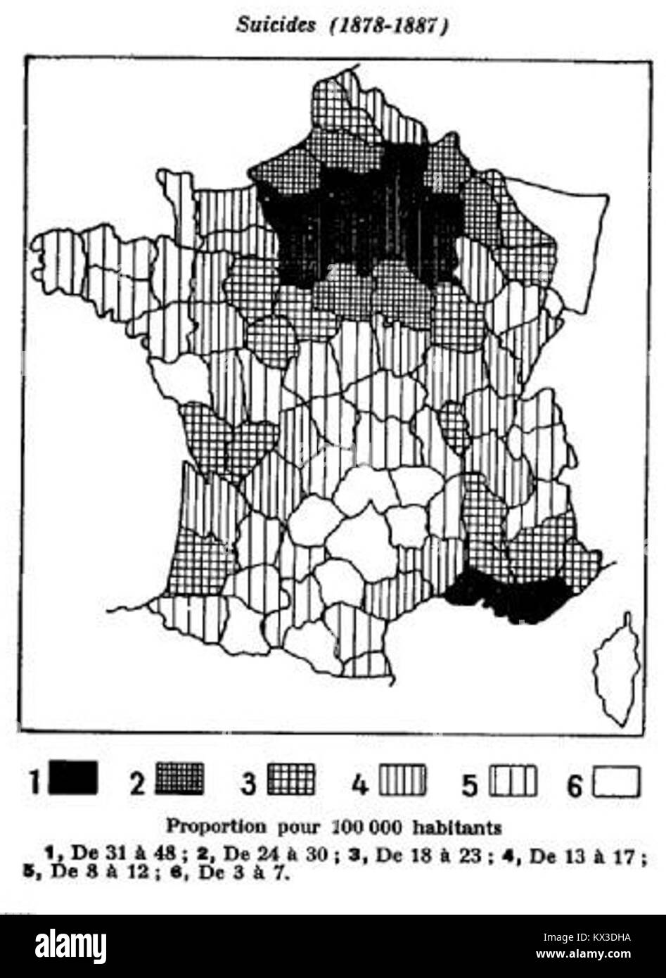 Questa targa tratta da "le Suicide" di Émile Durkheim illustra i dati statistici sul suicidio, evidenziando i modelli e l'analisi sociologica nella Francia del XIX secolo. Foto Stock