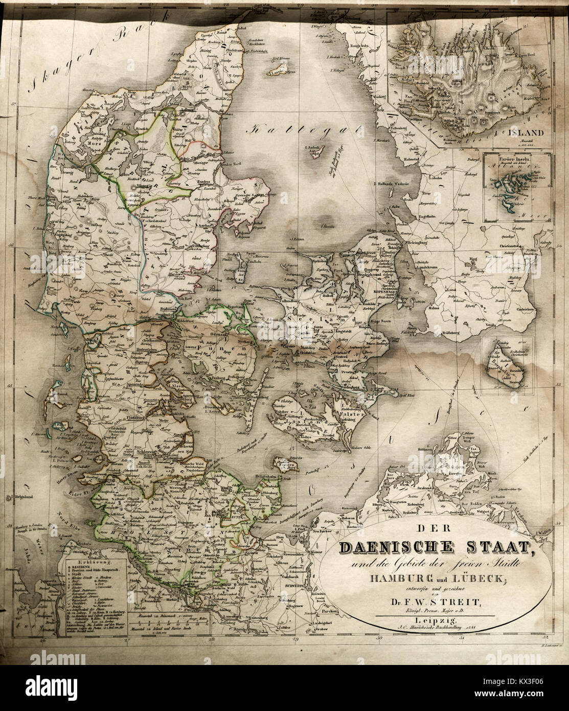 Dänemark Karte 1841 Friedrich Wilhelm Streit-2 Foto Stock