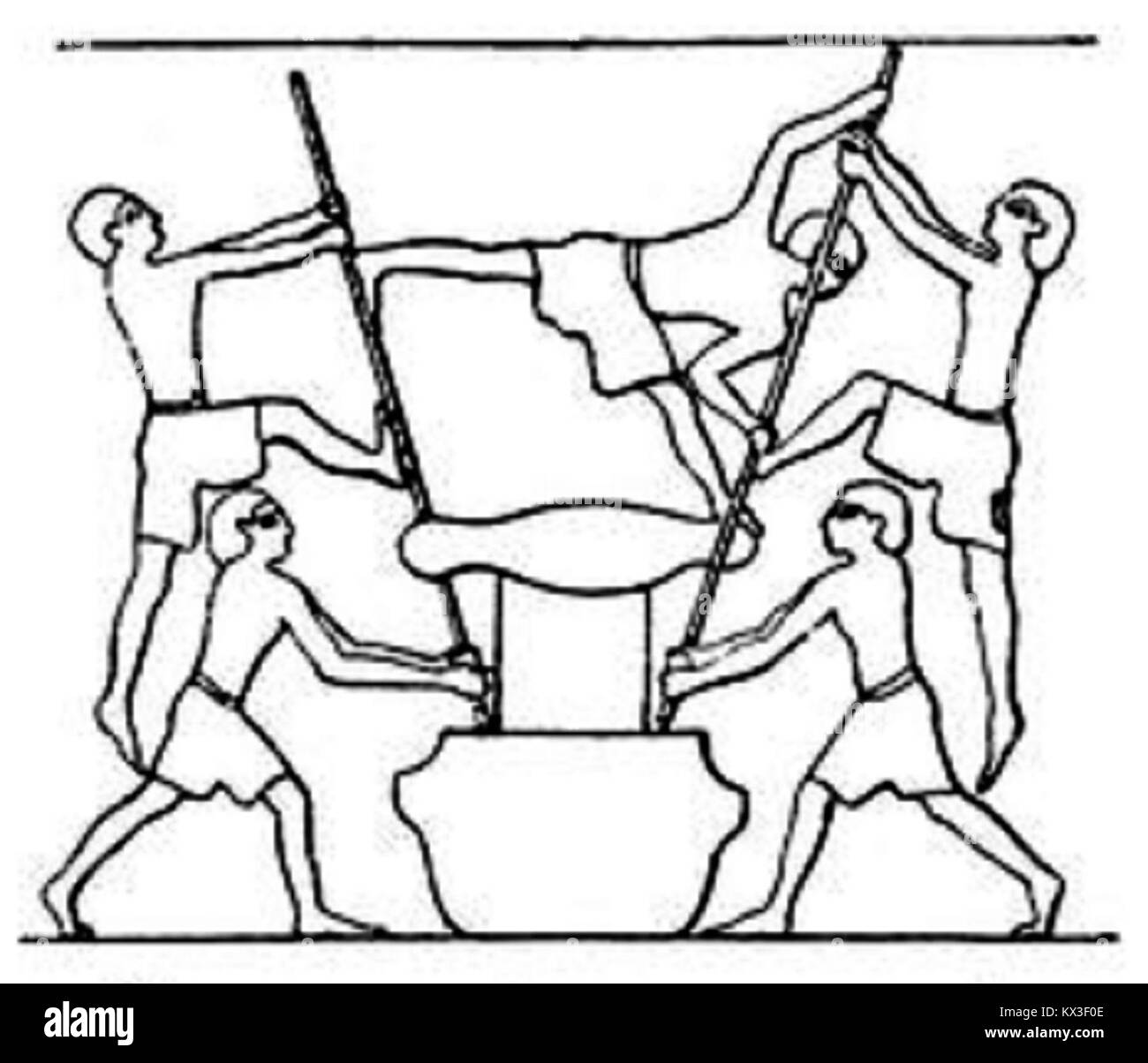 Questa documentazione storica mostra l'inizio delle tecniche di spremitura del vino o dell'olio nell'antico Egitto, illustrando le prime pratiche agricole. Foto Stock