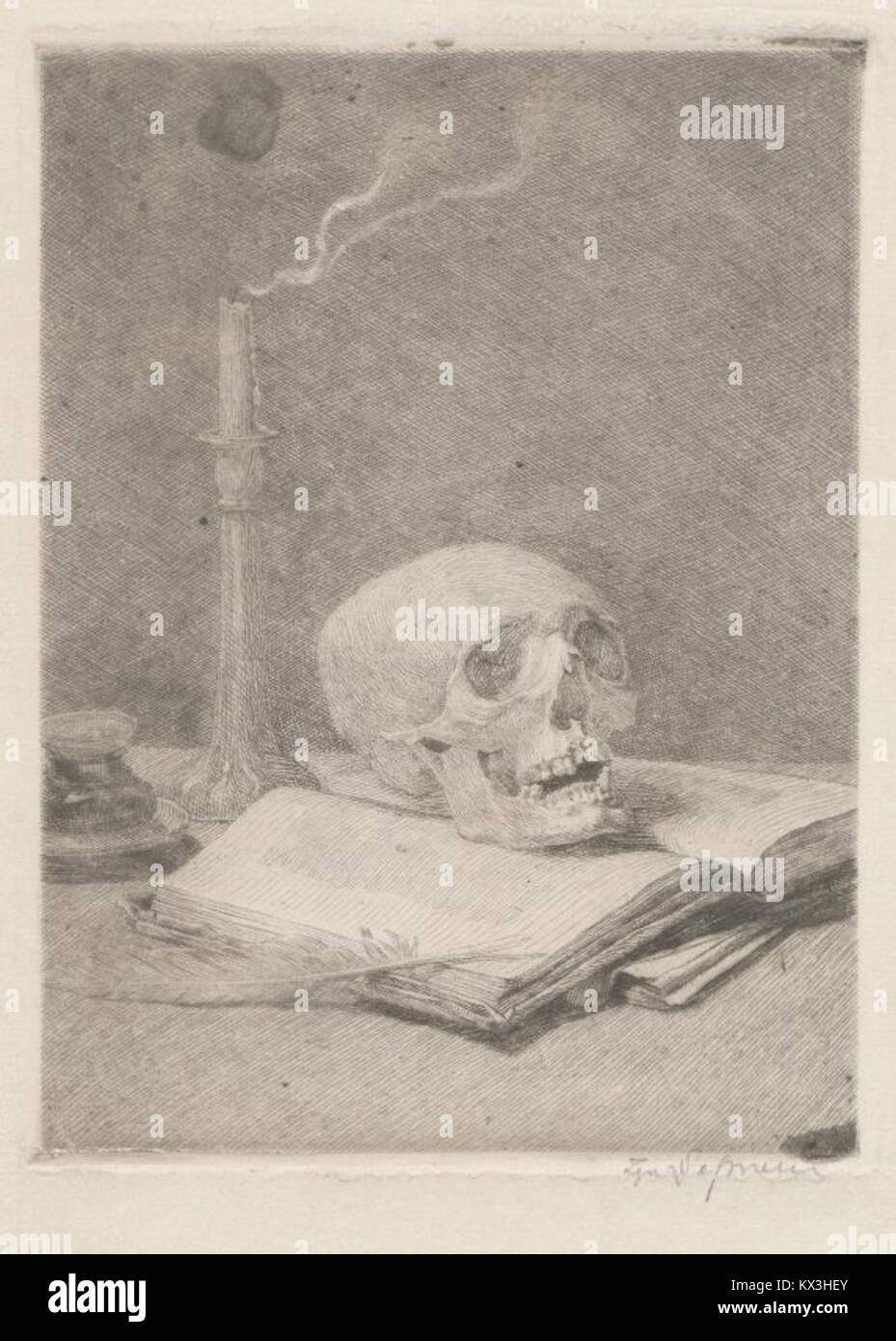 Il dipinto di natura morta di Lopienski, numero 32, presenta un teschio e riflette il simbolismo e i temi dell'arte vanitas olandese del XVII secolo. Foto Stock