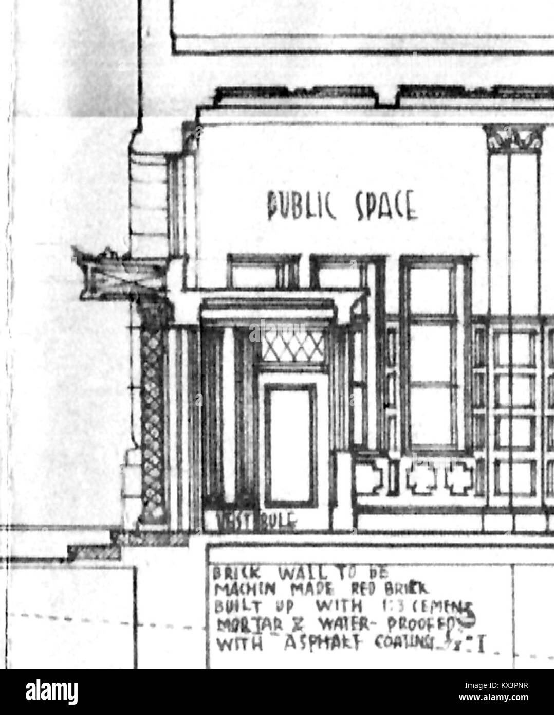 Piano di progettazione architettonica che mostra la sezione assiale centrale della filiale Qingdao della Bank of Korea, evidenziando caratteristiche strutturali e di design nell'architettura bancaria cinese dell'inizio del XX secolo. Foto Stock