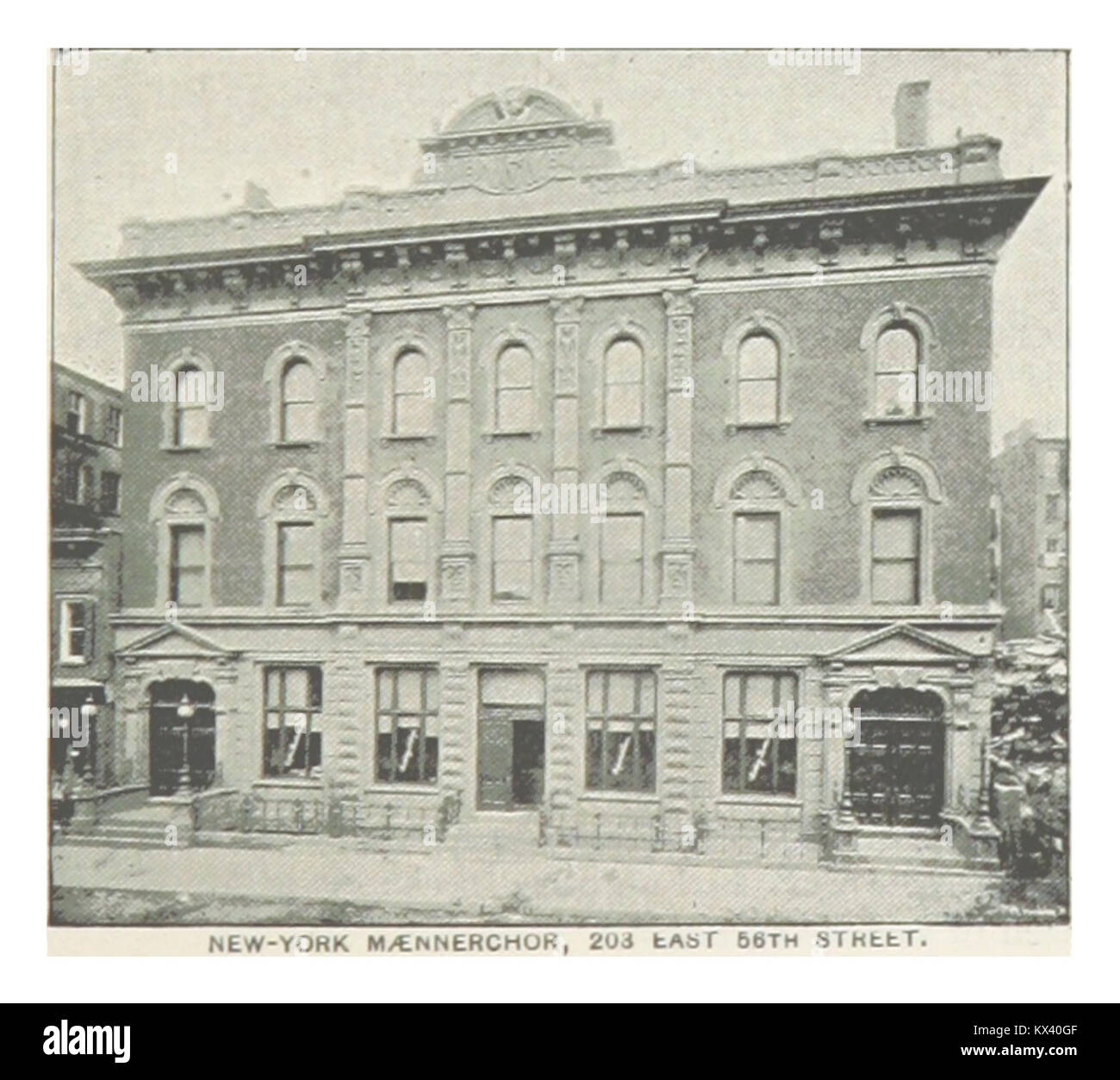 Pagina 323 da un documento storico che fa riferimento al New York Männerchor al 203 East 56th Street. La Männerchor, una società canora tedesco-americana, fu attiva nel promuovere la cultura tedesca negli Stati Uniti alla fine del XIX secolo. Foto Stock