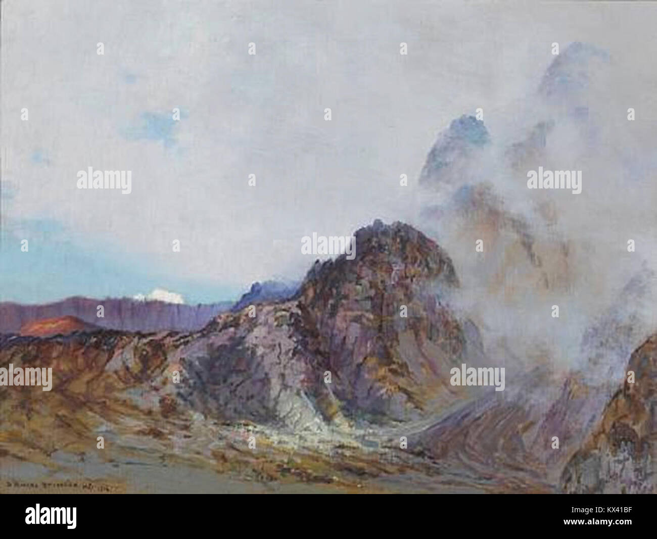 Questo dipinto di David Howard Hitchcock, creato nel 1916, raffigura il bordo del cratere Haleakalā alle Hawaii all'alba. L'opera d'arte cattura il paesaggio vulcanico e fa parte della serie di Hitchcock sui vulcani hawaiani. Foto Stock