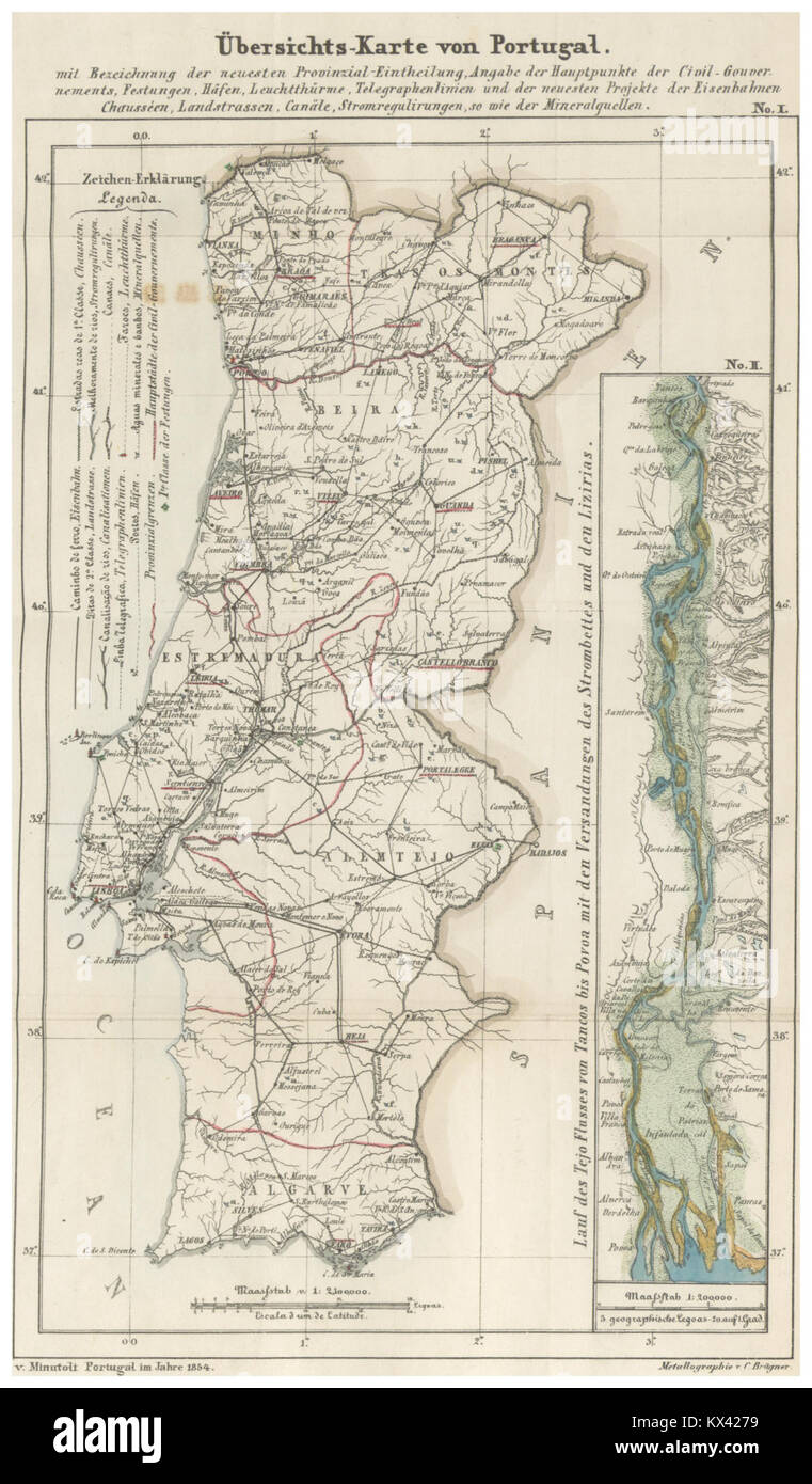Mappa del Portogallo del 1855 che mostra divisioni amministrative, fiumi, città e caratteristiche topografiche in contesto storico. Foto Stock