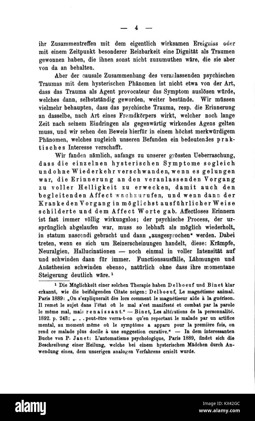 "De Studien über Hysterie 004" è una pagina della pubblicazione del 1895 di Sigmund Freud e Josef Breuer. Questo lavoro è fondamentale nella psicoanalisi, descrivendo i casi di studio e introducendo concetti come il metodo catartico e il ruolo delle memorie represse nell'isteria. Foto Stock