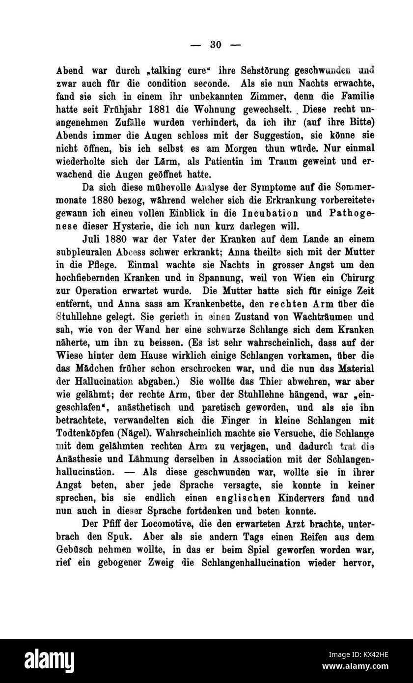 "De Studien über Hysterie 030" è una pagina della pubblicazione del 1895 di Sigmund Freud e Josef Breuer. Questo lavoro è fondamentale nella psicoanalisi, descrivendo i casi di studio e introducendo concetti come il metodo catartico e il ruolo delle memorie represse nell'isteria. Foto Stock