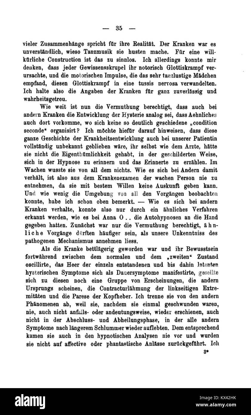 Questa è una pagina di "studi sull'isteria", un'opera medica che analizza casi di isteria e fenomeni psicologici, contribuendo alla psichiatria precoce e alla psicoanalisi. Foto Stock