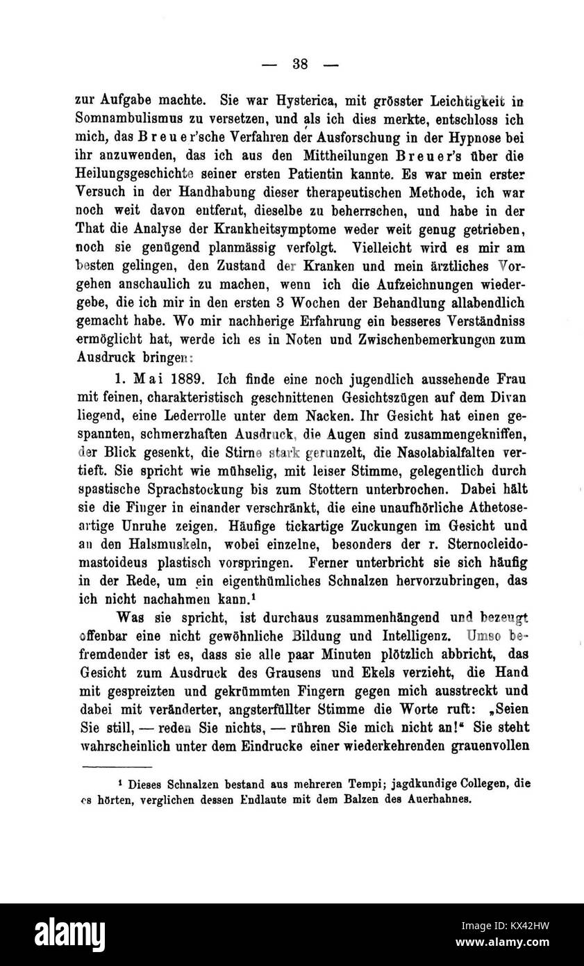 "De Studien über Hysterie 038" è una pagina della pubblicazione del 1895 di Sigmund Freud e Josef Breuer. Questo lavoro è fondamentale nella psicoanalisi, descrivendo i casi di studio e introducendo concetti come il metodo catartico e il ruolo delle memorie represse nell'isteria. Foto Stock