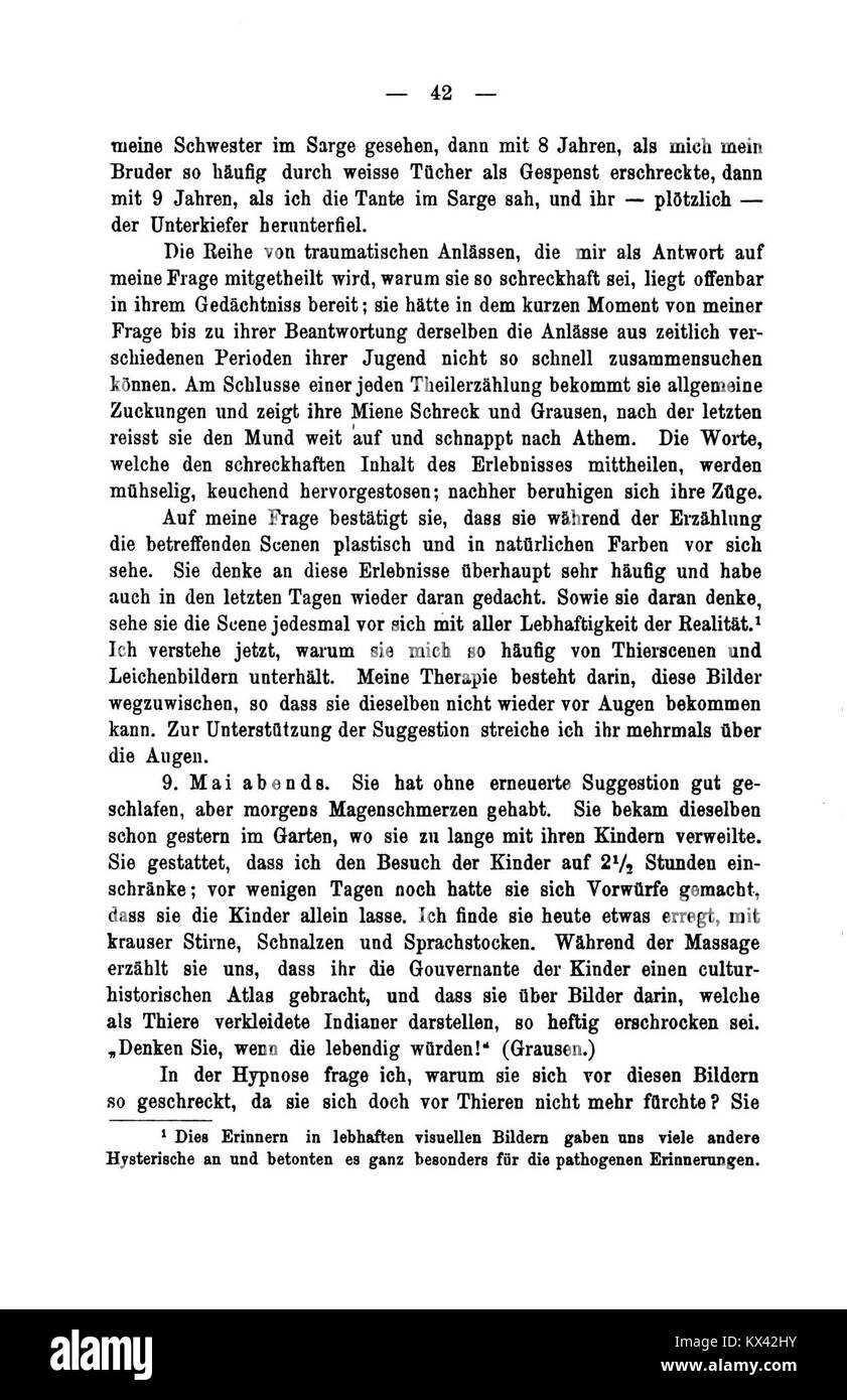 A pagina 42 di "De Studien über Hysterie" vengono presentati casi di studio e analisi dell'isteria, illustrando le prime ricerche psicologiche e le osservazioni cliniche. Foto Stock
