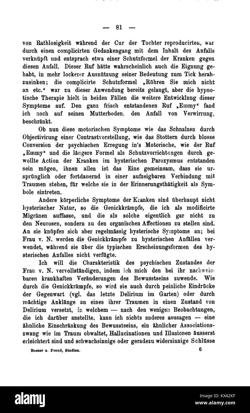 Pagina 81 di "studi sull'isteria" che descrive i casi psicologici, le osservazioni e l'analisi del lavoro di Freud e Breuer. Foto Stock