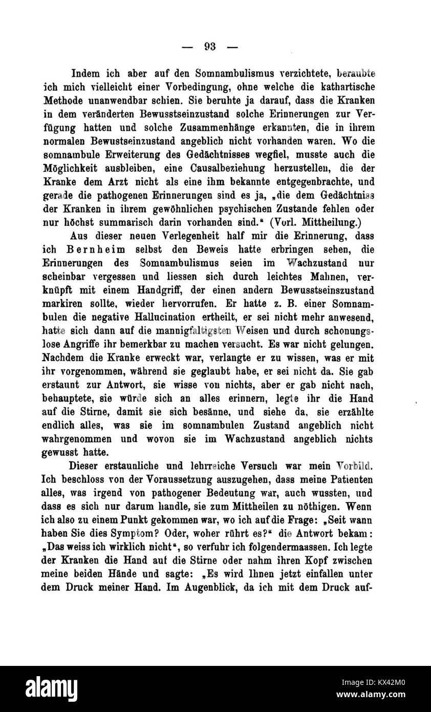 Pagina 93 di "De Studien über Hysterie" presenta osservazioni cliniche, descrivendo i casi di isteria e fornendo informazioni sui primi metodi di ricerca psicologica. Foto Stock