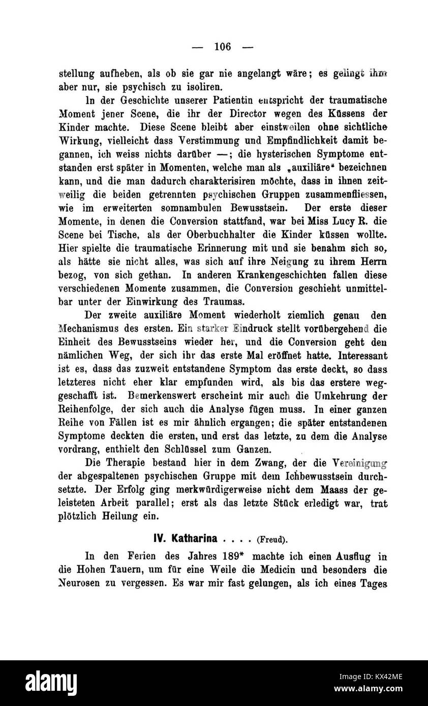 "De Studien über Hysterie 106" è una pagina della pubblicazione del 1895 di Sigmund Freud e Josef Breuer. Questo lavoro è fondamentale nella psicoanalisi, descrivendo i casi di studio e introducendo concetti come il metodo catartico e il ruolo delle memorie represse nell'isteria. Foto Stock