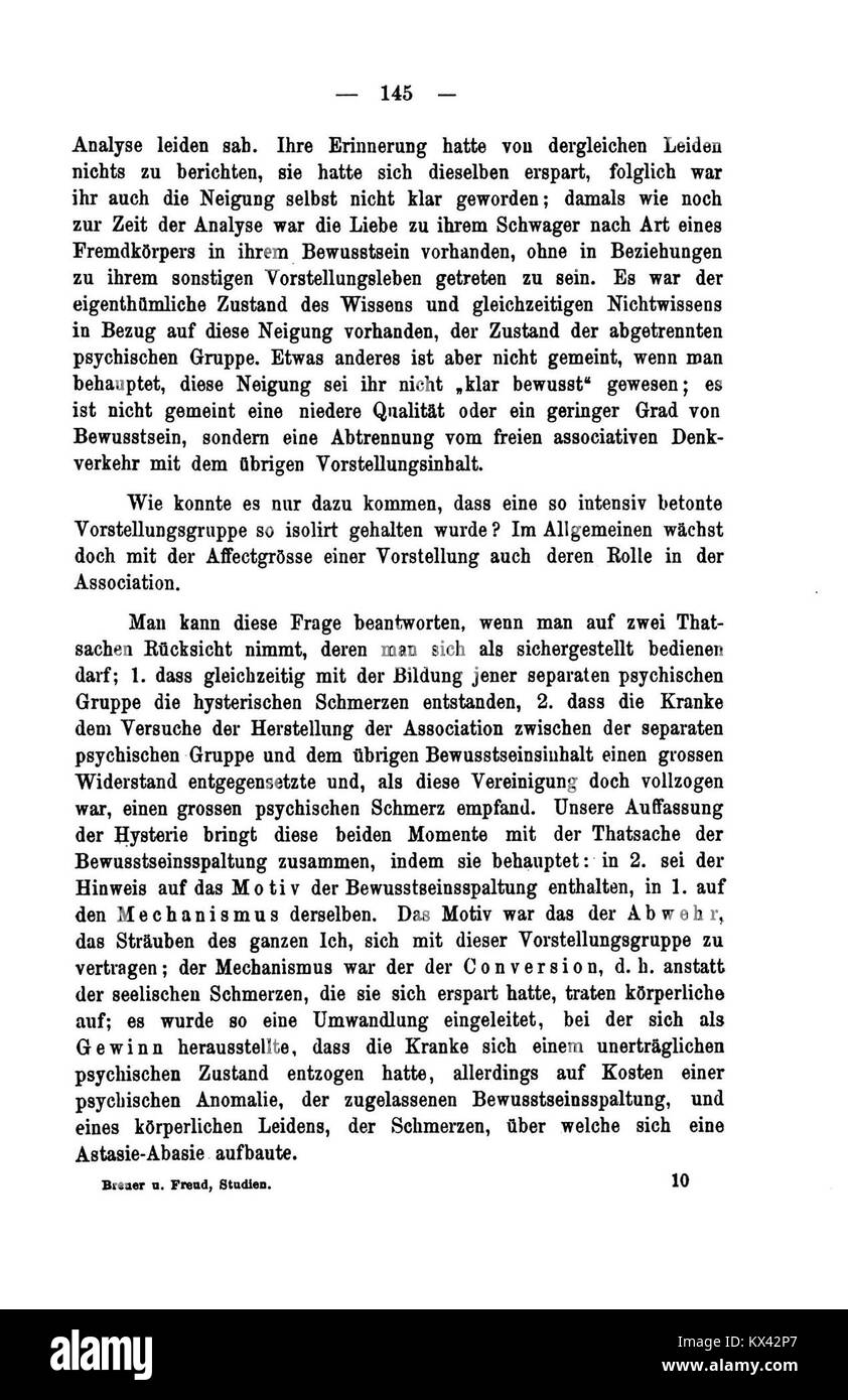 Questa immagine raffigura una pagina di "De Studien über Hysterie", un'opera psicologica del XIX secolo. Presenta le prime ricerche sull'isteria e le condizioni di salute mentale, offrendo una prospettiva storica sulla comprensione psicologica. Foto Stock