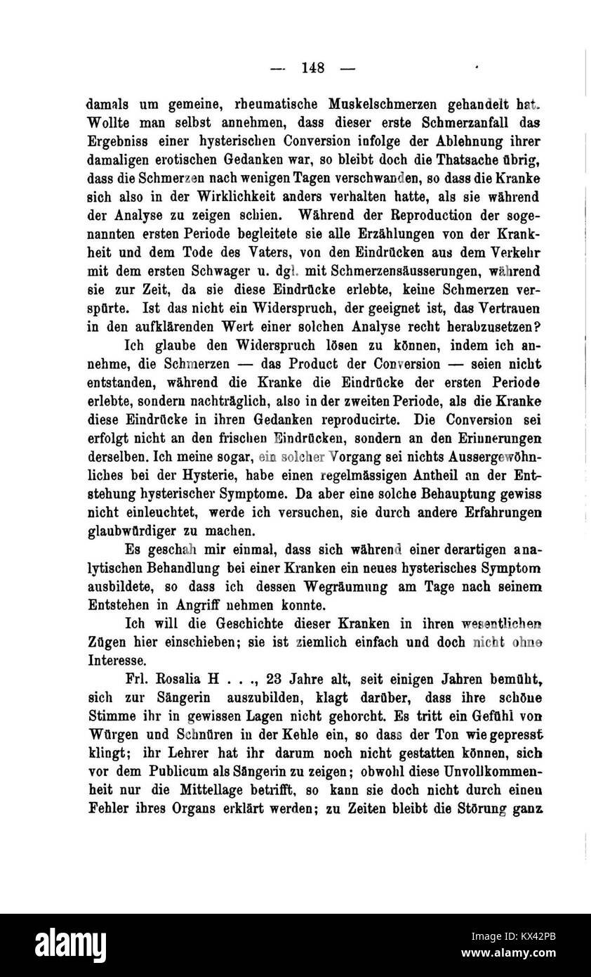 La pagina 148 di "De Studien über Hysterie" include casi di studio dettagliati, osservazioni cliniche e teorie psicologiche iniziali dell'isteria. Foto Stock
