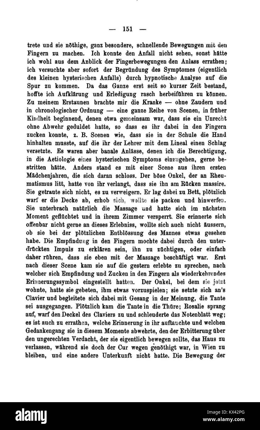 "De Studien über Hysterie 151" è una pagina della pubblicazione del 1895 di Sigmund Freud e Josef Breuer. Questo lavoro è fondamentale nella psicoanalisi, descrivendo i casi di studio e introducendo concetti come il metodo catartico e il ruolo delle memorie represse nell'isteria. Foto Stock