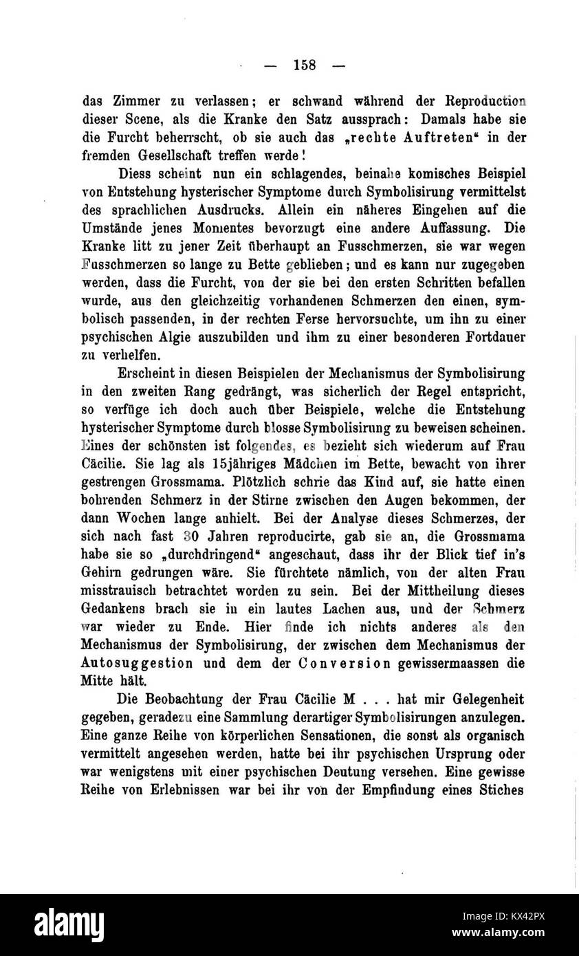 Una 158a pagina o sezione di "De Studien über Hysterie", che fornisce un esame dettagliato dei sintomi psicologici e degli approcci terapeutici per l'isteria. Foto Stock