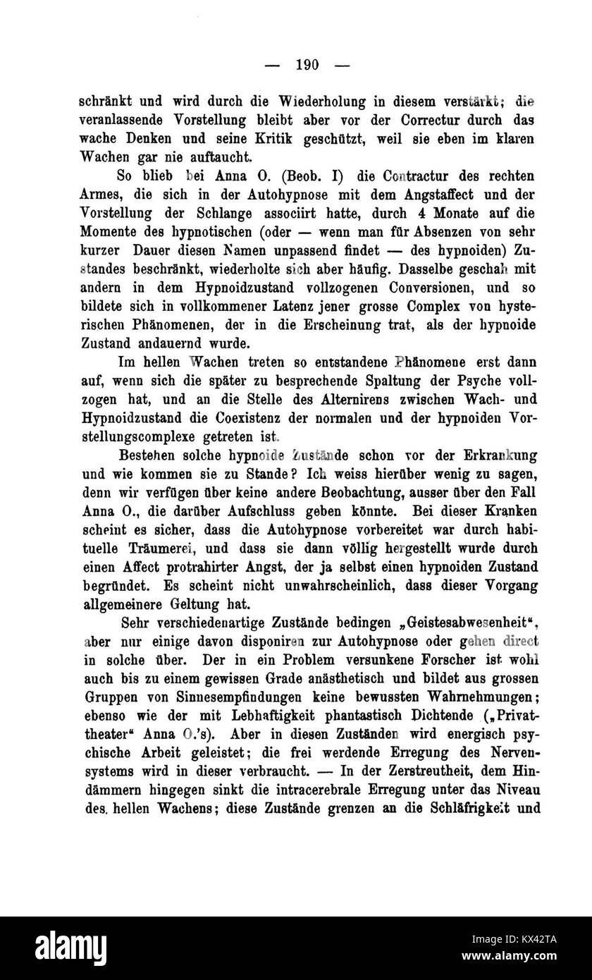 "De Studien über Hysterie 190" è una pagina della pubblicazione del 1895 di Sigmund Freud e Josef Breuer. Questo lavoro è fondamentale nella psicoanalisi, descrivendo i casi di studio e introducendo concetti come il metodo catartico e il ruolo delle memorie represse nell'isteria. Foto Stock