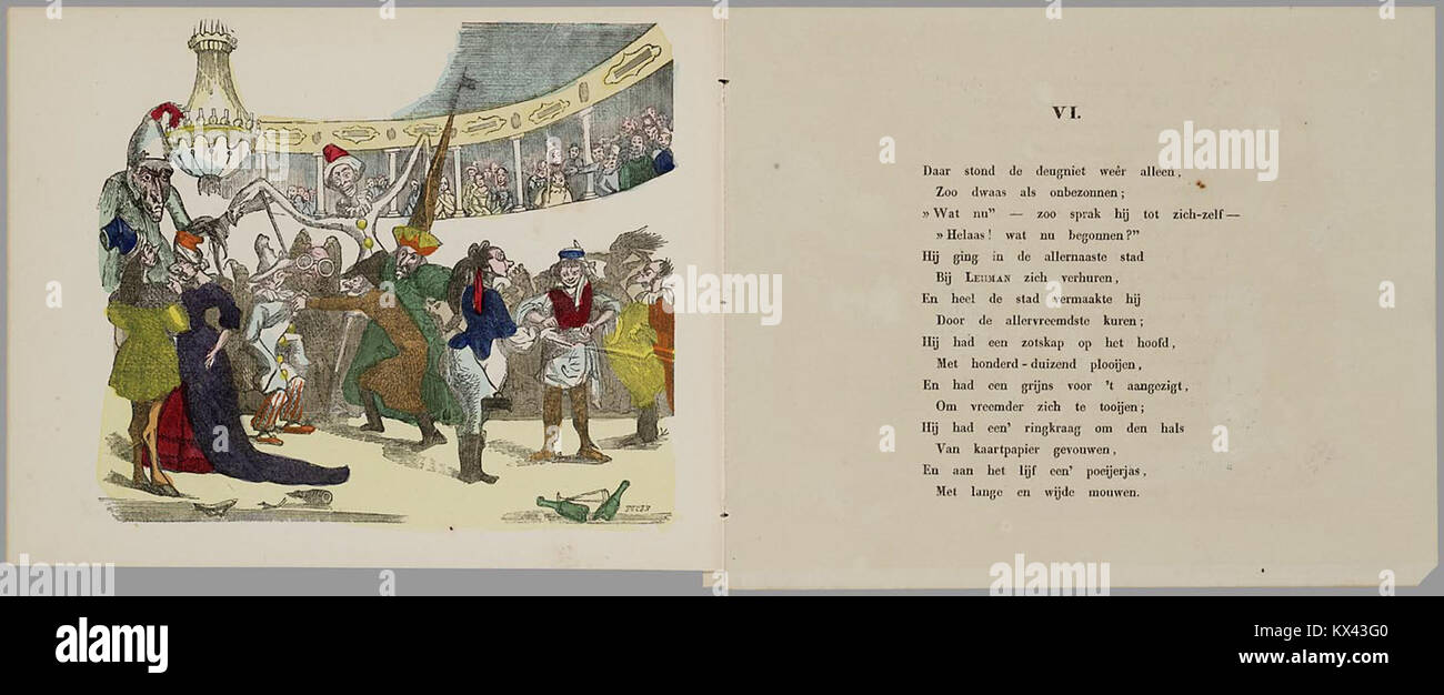 Illustrazione tratta dalla pubblicazione "De zonderlinge lotgevallen van Hans Kijk-in-de-wereld", una storia che documenta avventure ed eventi nei Paesi Bassi. Foto Stock