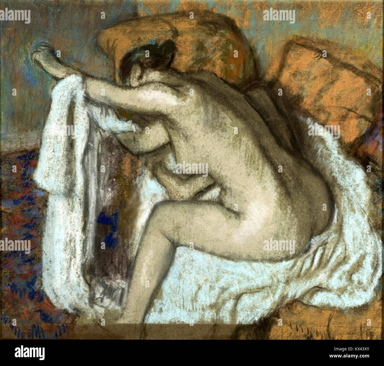 Un dipinto di Edgar Degas raffigurante una donna che si asciuga il braccio sinistro, dimostrando lo studio di Degas sul movimento e la forma umana nell'arte Foto Stock