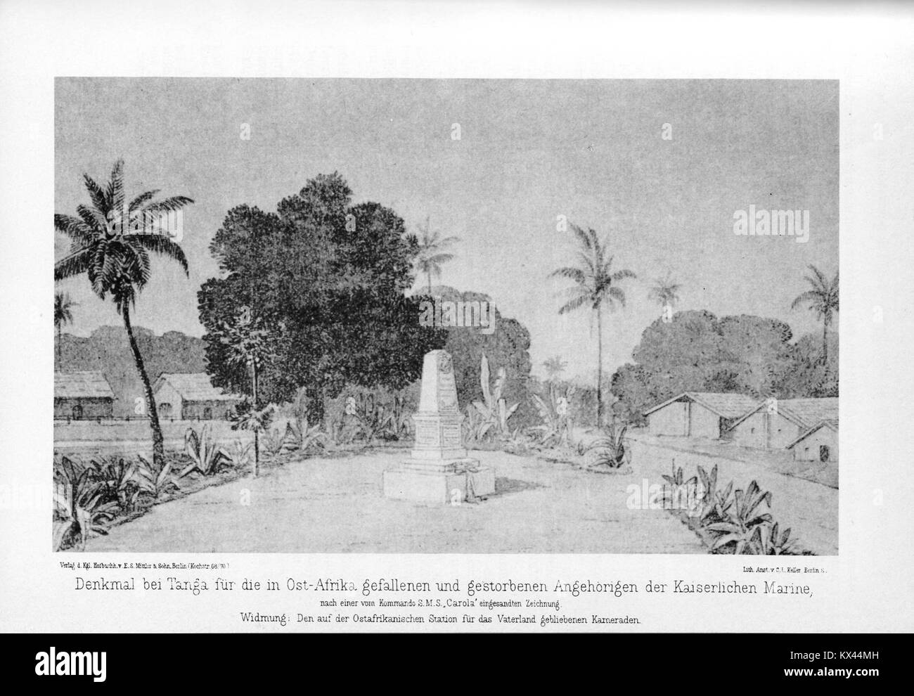 Il monumento commemora i membri della Marina imperiale tedesca che morirono in Africa orientale, eretto a Tanga nel 1890, riflettendo la storia militare e coloniale. Foto Stock