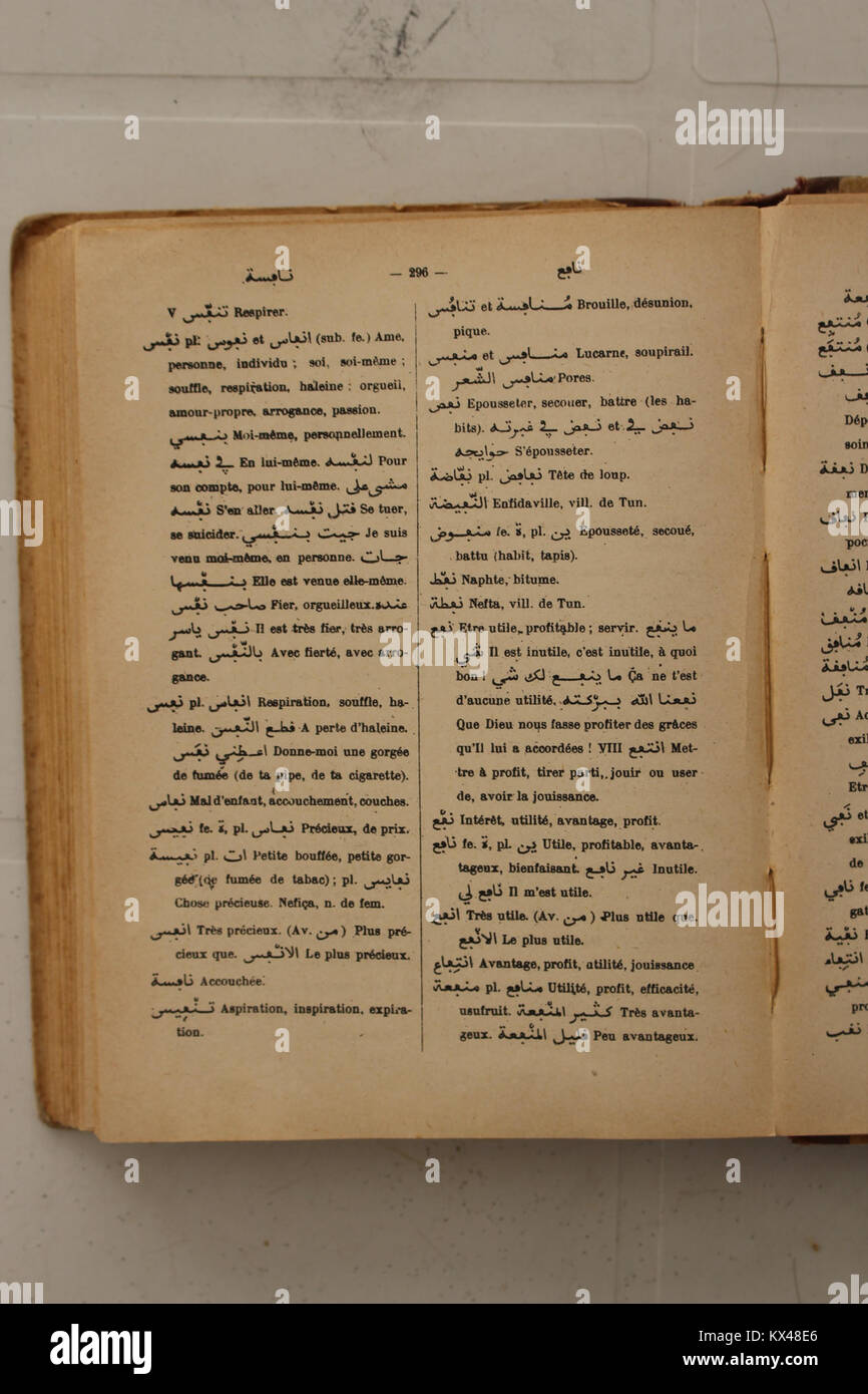 Pagina 296 dal "Dictionnaire Arabe-francese" di Alfred Nicolas, pubblicato nel 1938, offre un lessico dettagliato e un lavoro di traduzione per gli studi di lingua araba e francese, a supporto dell'esplorazione linguistica. Foto Stock