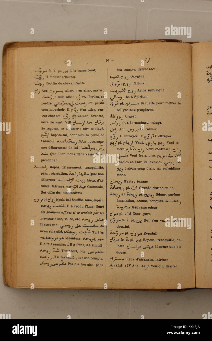 Pagina 968 del dizionario arabo-francese del 1938 di Alfred Nicolas fornisce traduzioni e definizioni per termini arabi in francese, supportando la ricerca linguistica e il lavoro di traduzione. Foto Stock
