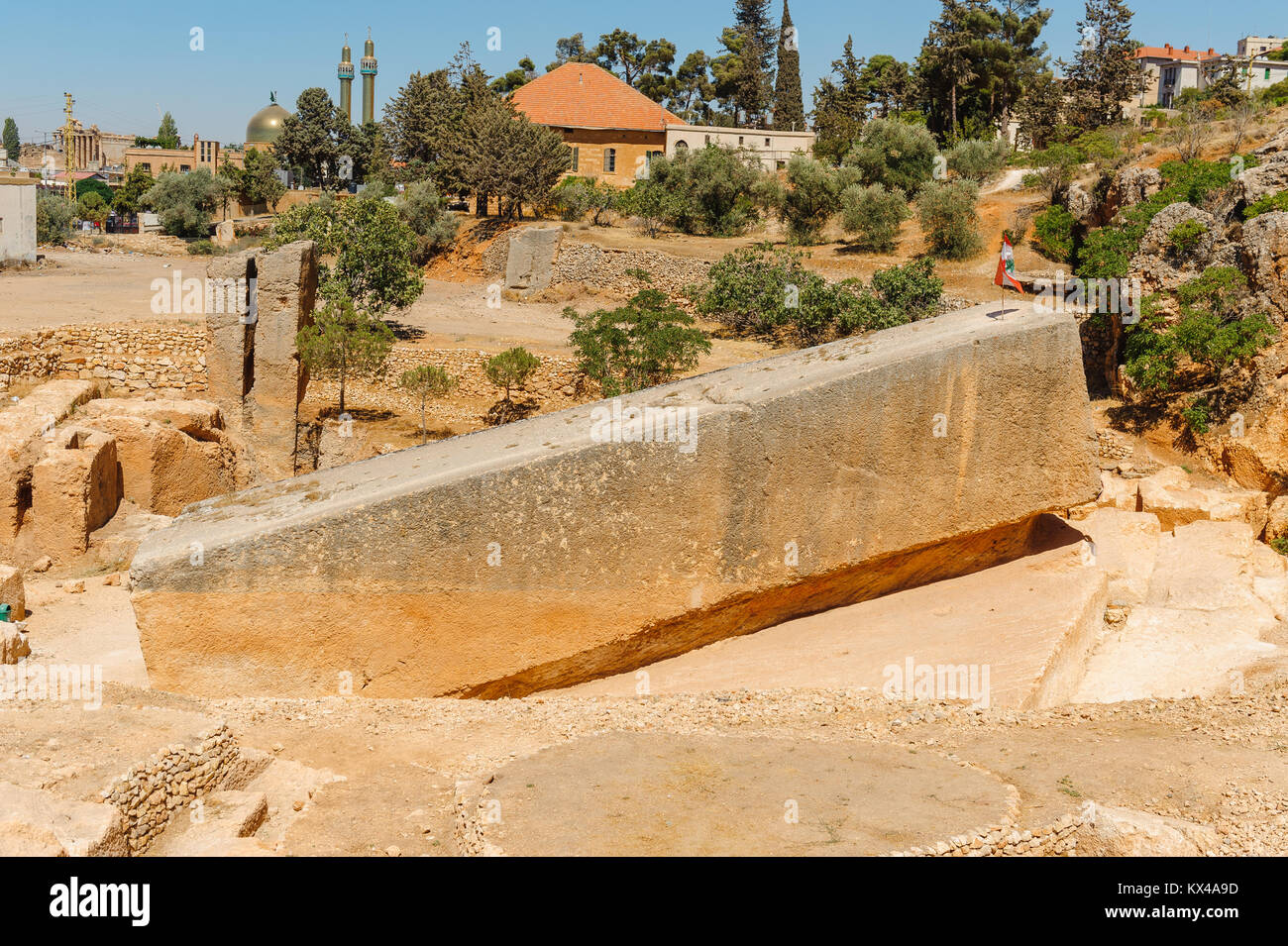 Pietra di fondazione Baalbek antica città in Libano.Heliopolis tempio complesso.vicino al confine con la Siria.rimane Foto Stock