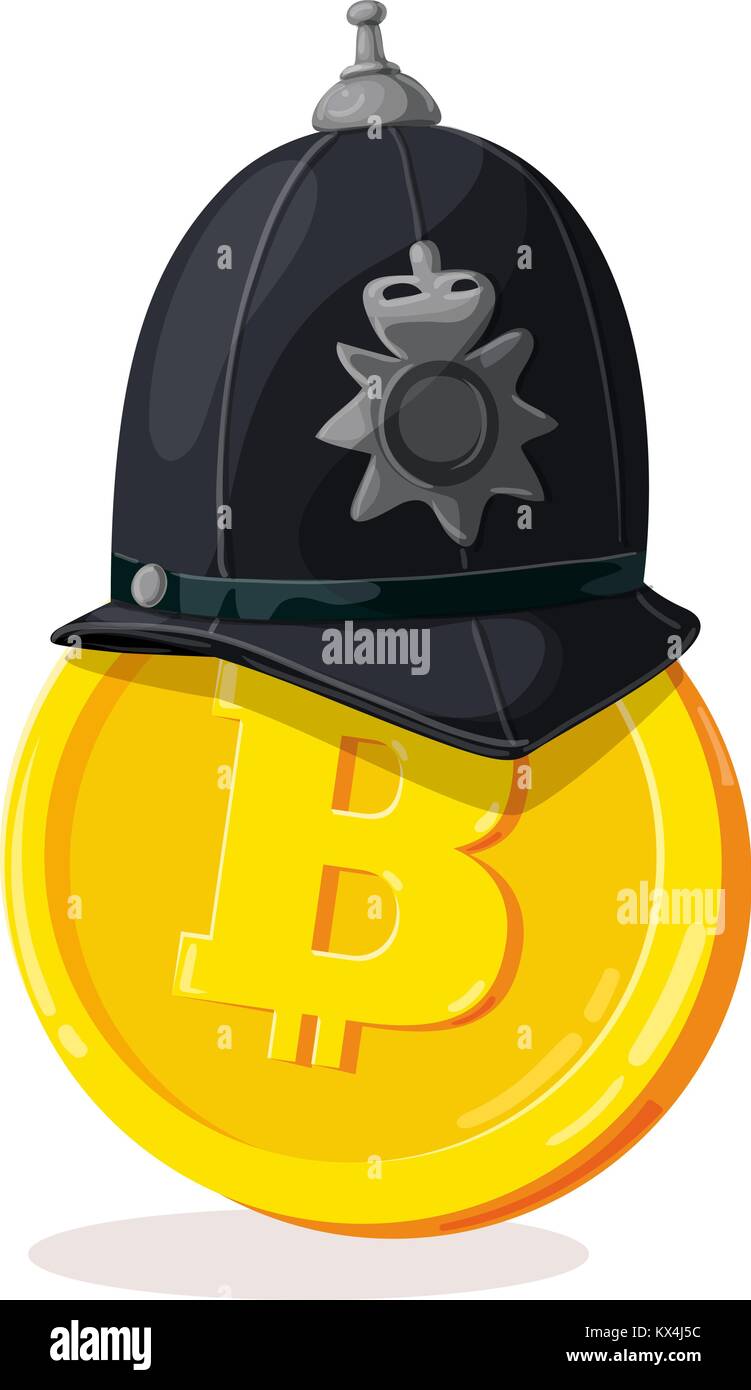 Bitcoin in London poliziotto casco. Cartoon valuta digitale. Oro cryptocurrency. Denaro e finanze simbolo. Il minatore bit criptocurrency coin. Mal di vettore Illustrazione Vettoriale